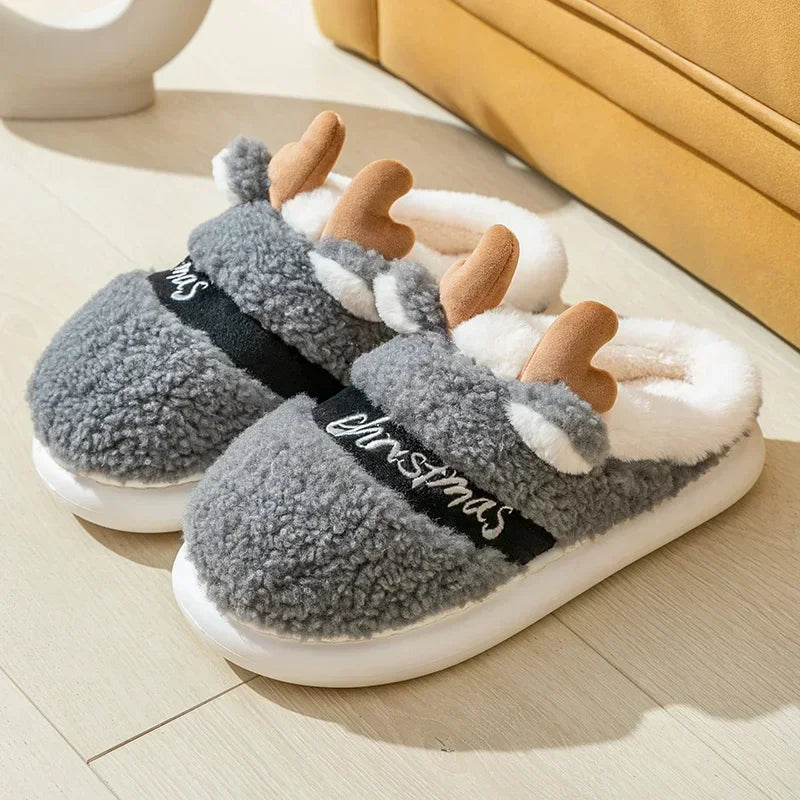 Thick Sole Christmas Deer Slippers Women Indoor Warm Slippers Men Soft Plush Home Floor Shoes Winter Platform Shoes Gifts 2024