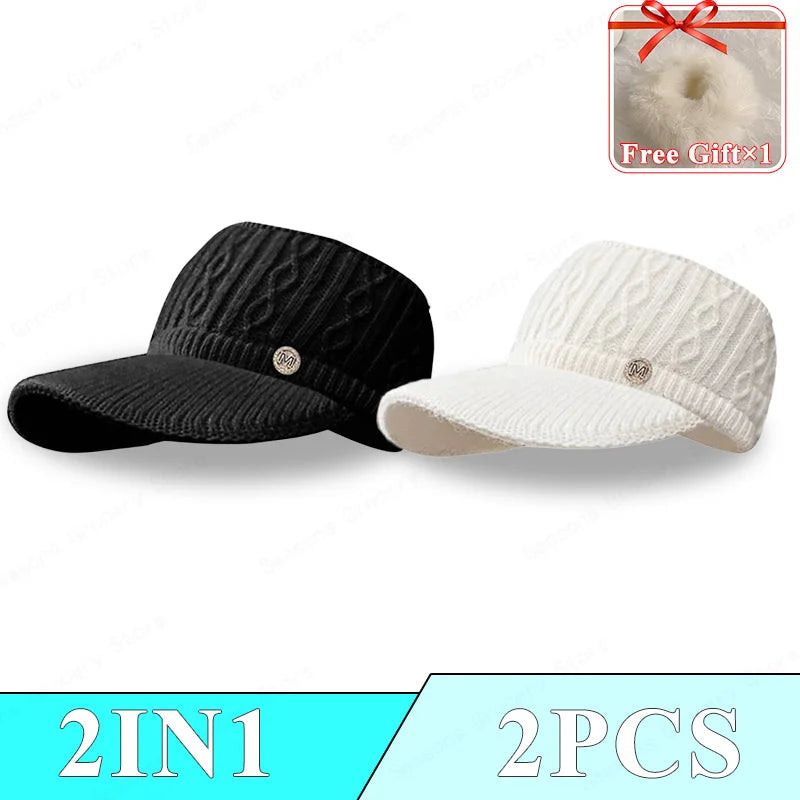 2025Winter Knitted Rabbit Fur Beanie With Visor Ponytail Opening For Women Golf Baseball Outdoor Sports Warm Hat Kpop Style
