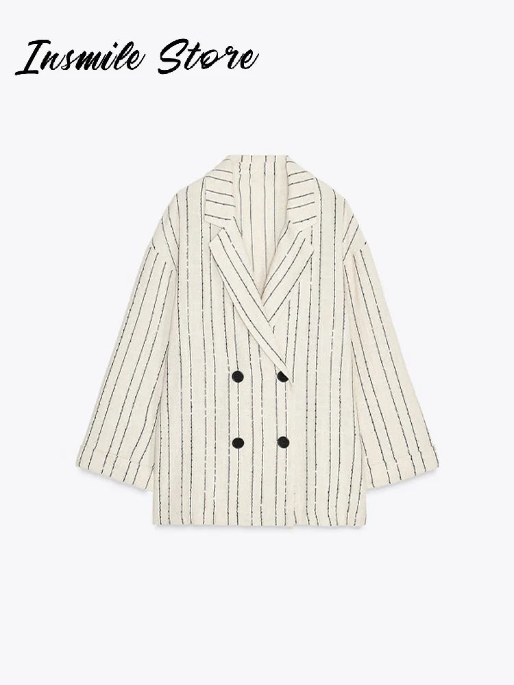 Classic Striped Blazer Trouser Suit Women Double Breasted Lapel  Full Sleeve Jacket Loose Straight Pant 2025 Office Lady Outfit
