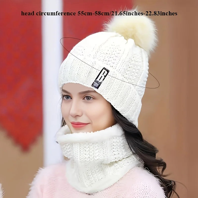 2-piece Winter Warm Windproof Thick Plush Windproof Warm Casual Hat with Scarf