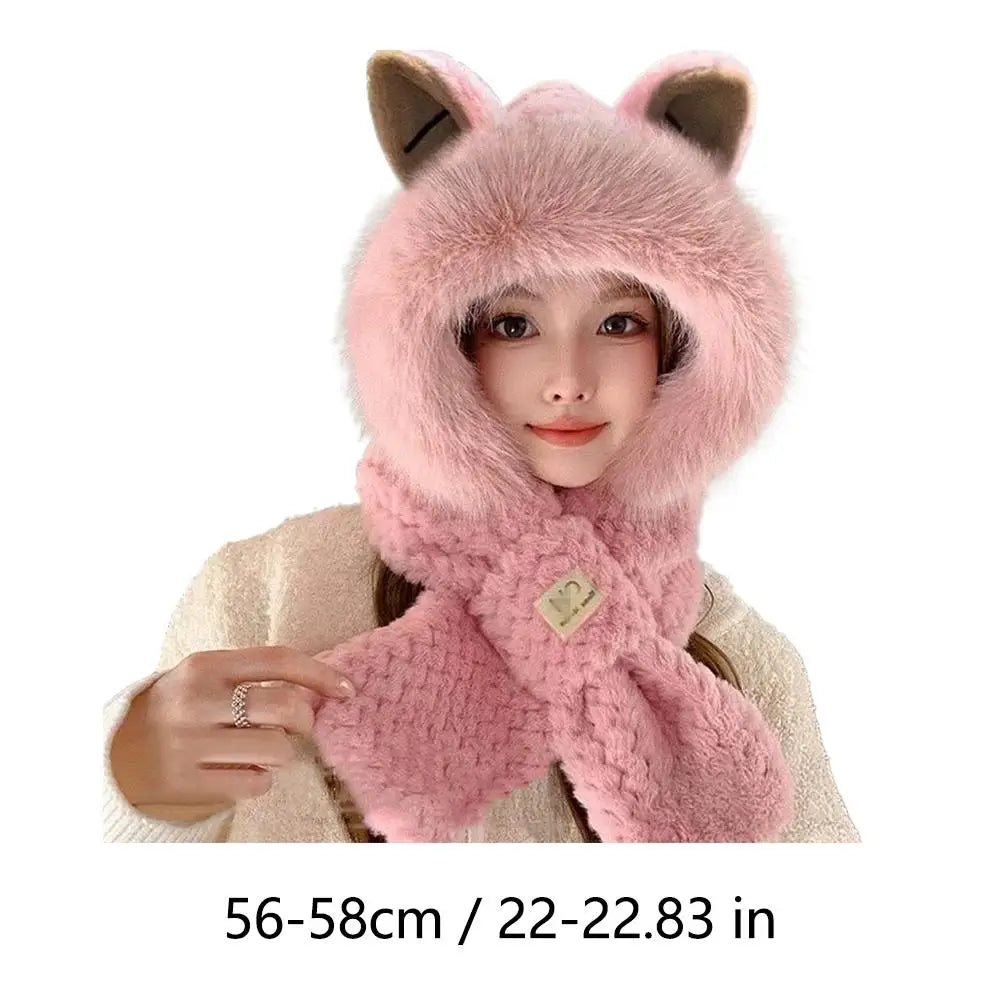 Lovely Beanie Hat Scarf Set Women Faux Fur Warm Winter Hat Neck Circle Scarf Ski Snow Hat Cap Bear Plush Hat Ear Protection