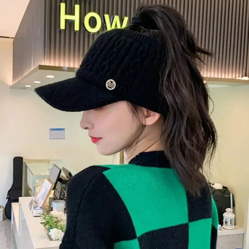 2025Winter Knitted Rabbit Fur Beanie With Visor Ponytail Opening For Women Golf Baseball Outdoor Sports Warm Hat Kpop Style