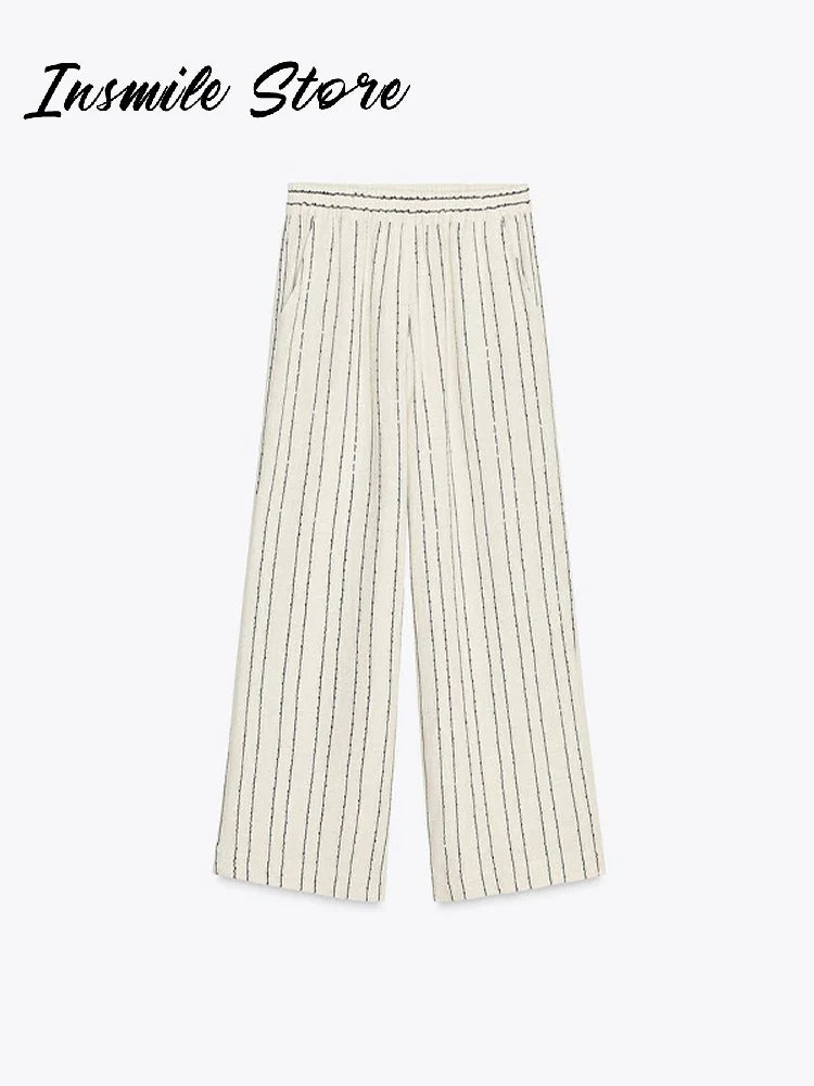 Classic Striped Blazer Trouser Suit Women Double Breasted Lapel  Full Sleeve Jacket Loose Straight Pant 2025 Office Lady Outfit