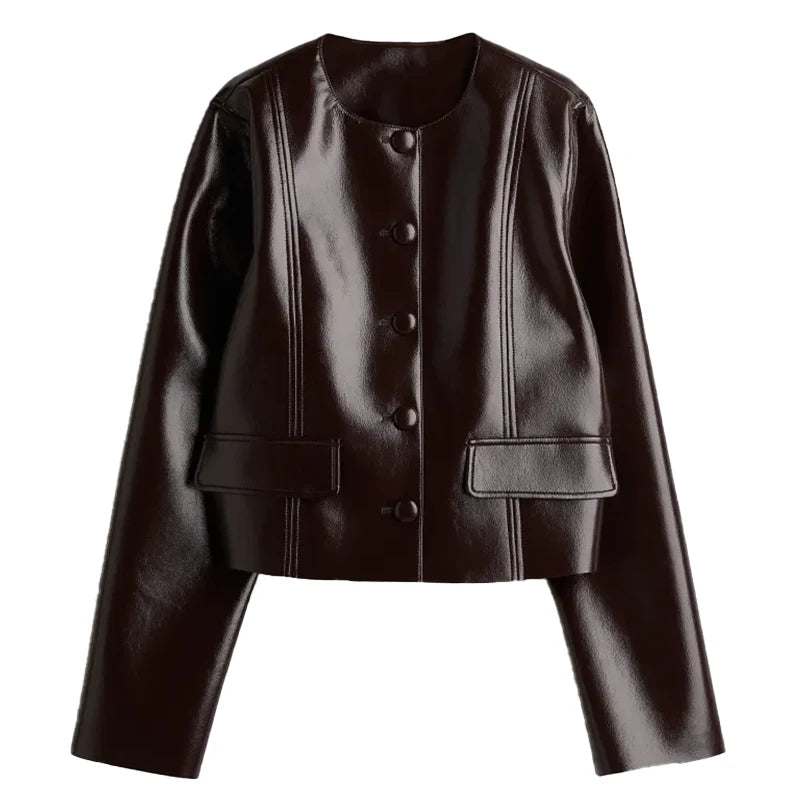 Chic Women's Stand Collar Leather Jacket Shorts Sets With Belt Full Sleeve Double Breasted Coat Short Pant 2025 Autumn Lady Suit