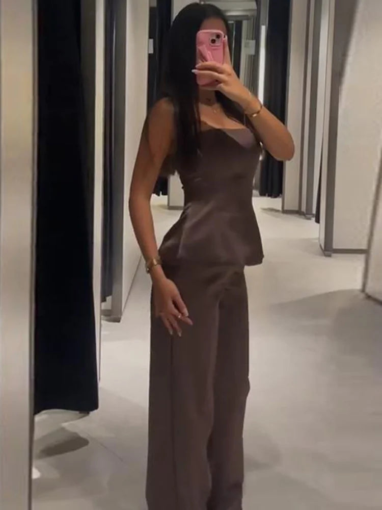 New Satin Long Pants Sets For Women Elegant Strapless Vest Tops Wide Leg Baggy Trousers 2 Pieces Sets Lady Chic Street Outfits