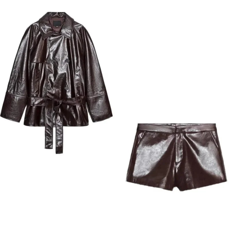 Chic Women's Stand Collar Leather Jacket Shorts Sets With Belt Full Sleeve Double Breasted Coat Short Pant 2025 Autumn Lady Suit