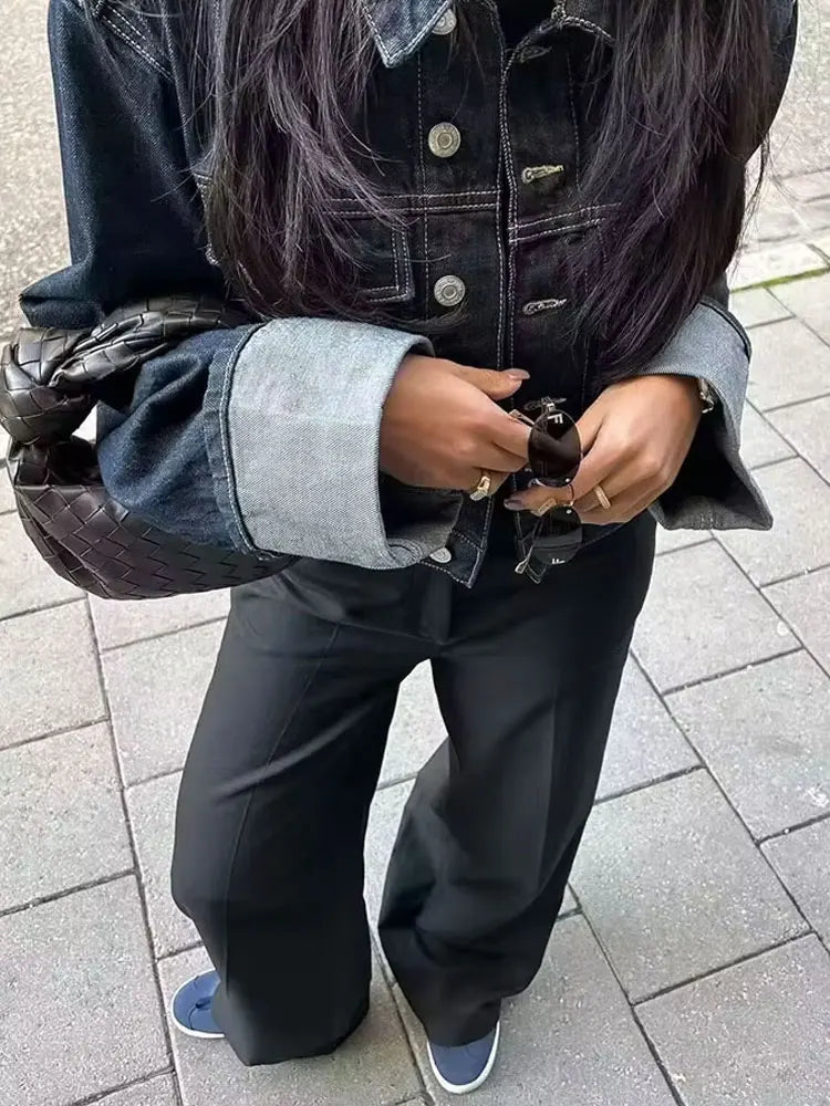 HH 2024 Autumn Female Vintage Denim Suit Long Sleeve Single Breasted Lapel Coat+High Waist Wide Leg Jeans Street Fashion Set