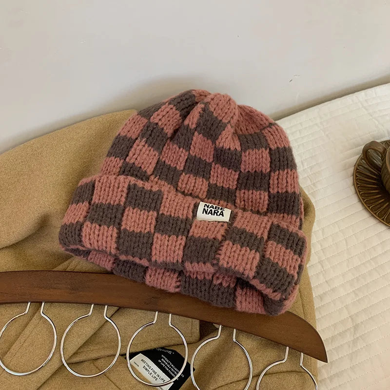 Fashion Vintage Chessboard Plaid Knitted Hat Women Winter New Big Size Hat Warm Beanies Green Red Xmas Christmas Hat