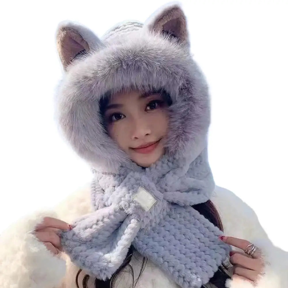 Lovely Beanie Hat Scarf Set Women Faux Fur Warm Winter Hat Neck Circle Scarf Ski Snow Hat Cap Bear Plush Hat Ear Protection