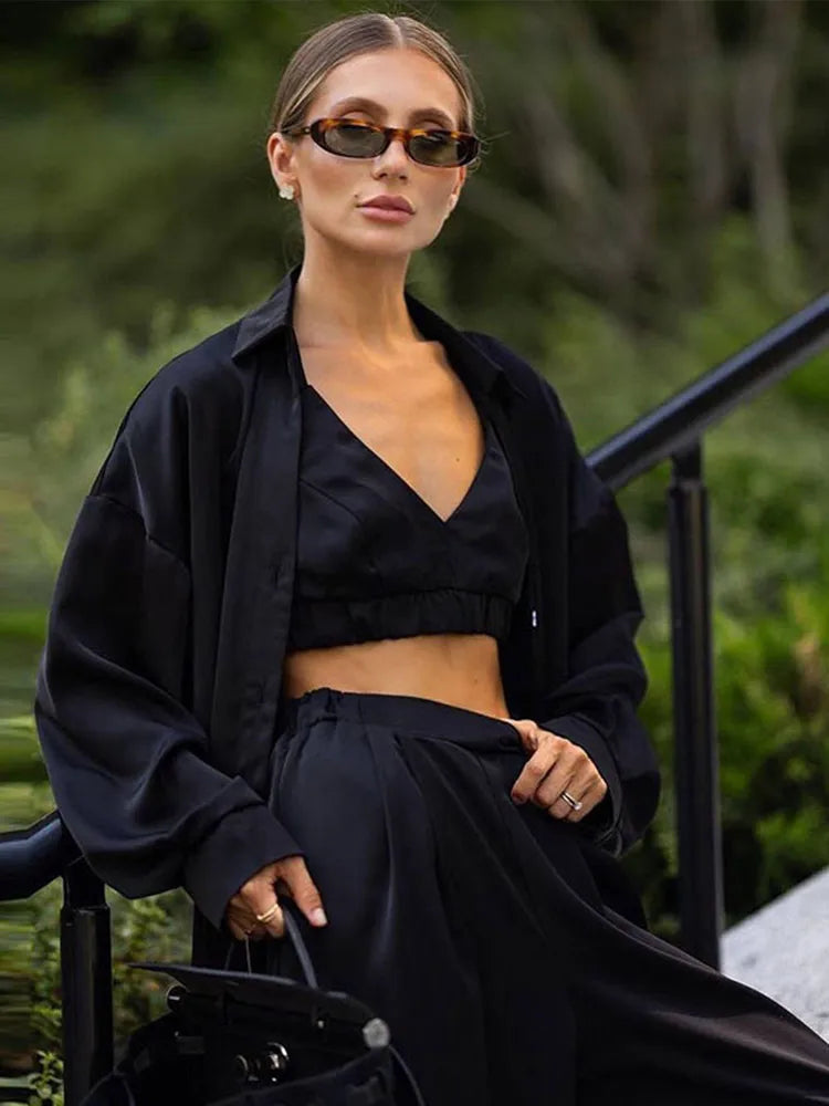 Sexy Loose Silk 3 Piece Sets Women Outfit Fashion Long Sleeve Shirts Bra With High Waist Wide Pants Set Lady Outfit 2025