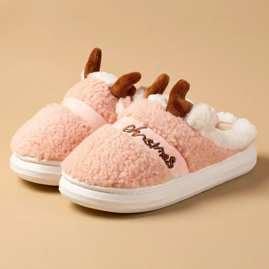 Thick Sole Christmas Deer Slippers Women Indoor Warm Slippers Men Soft Plush Home Floor Shoes Winter Platform Shoes Gifts 2024