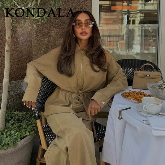 KONDALA 2025 Fall Winter Streetwear Solid Women Lace Up Suits Fashion Elegant Turndown Collar Zip Up Jackets Chic Wide Leg Pants