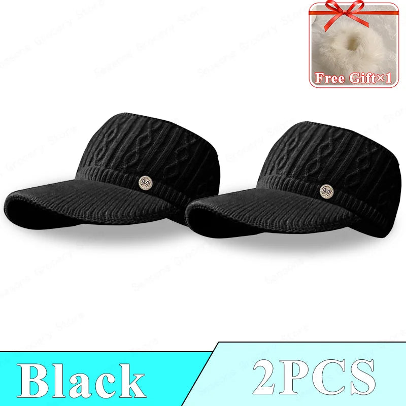 2025Winter Knitted Rabbit Fur Beanie With Visor Ponytail Opening For Women Golf Baseball Outdoor Sports Warm Hat Kpop Style