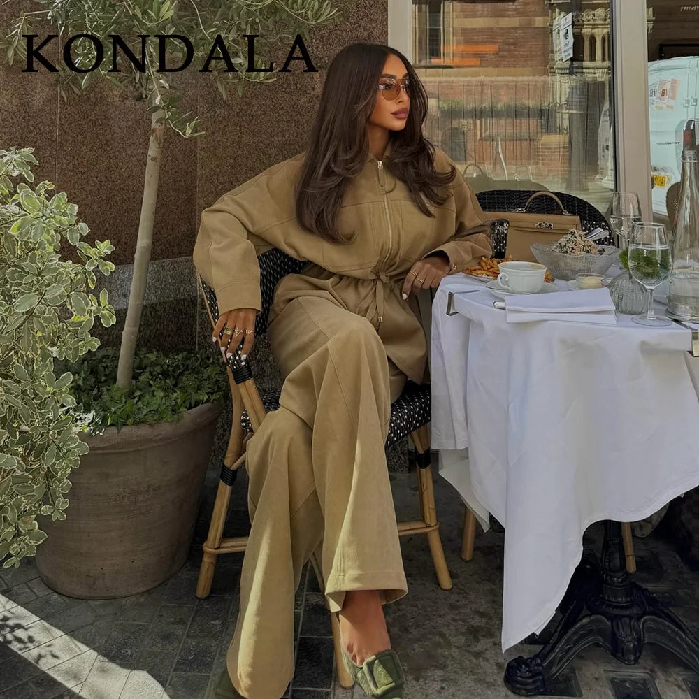 KONDALA 2025 Fall Winter Streetwear Solid Women Lace Up Suits Fashion Elegant Turndown Collar Zip Up Jackets Chic Wide Leg Pants