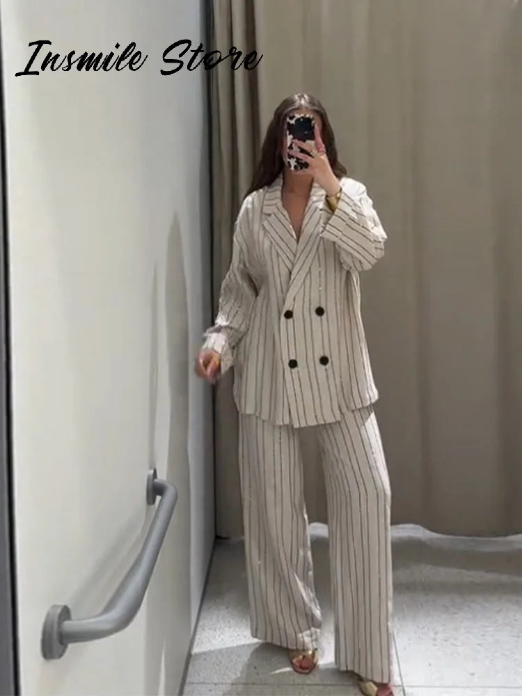 Classic Striped Blazer Trouser Suit Women Double Breasted Lapel  Full Sleeve Jacket Loose Straight Pant 2025 Office Lady Outfit