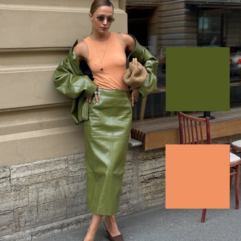 Y2K Pu Leather Women Skirt Set Street Solid Long Sleeve Stand Zippers Jacket Split Skirts 2025 Autumn Fashion Lady Outfit